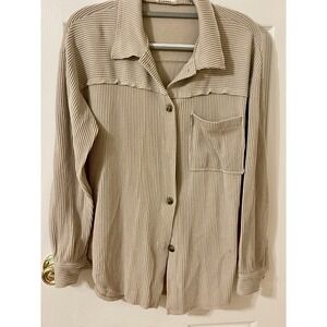 RJ 220 Shirt Beige Womens S/M Ribbed Knit Long Sleeve Button Up